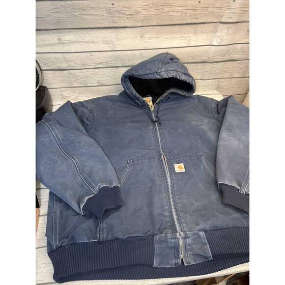 Vtg Carhartt Jacket Navy DISTRESSED Duck Canvas Quilted Hooded Coat See Pics - Picture 1 of 15